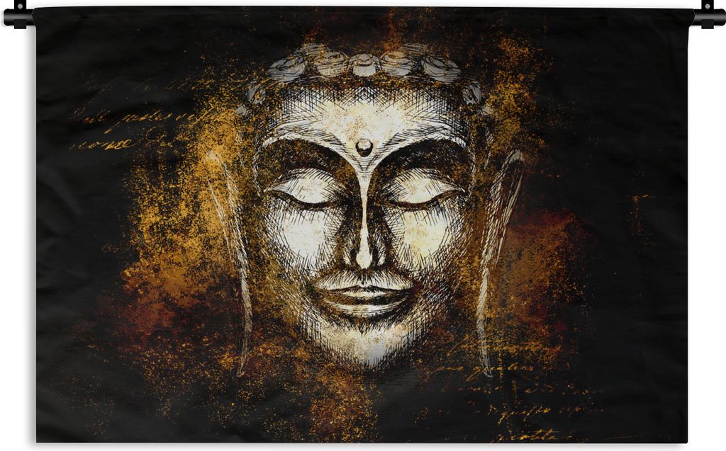 MuchoWow Wandteppich Wandbehang Buddha - Gesicht - Gold 90x60 cm Tapisserie Dekoration Wandtuch - Wandskulpturen - Bildteppich
