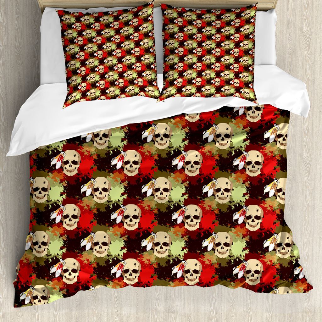 ABAKUHAUS Schädel Bettbezug, Schädel-Feder-Muster, Milbensicher Allergiker geeignet mit Kissenbezügen, 200 cm x 200 cm - 80 x 80 cm, Pistazie Creme