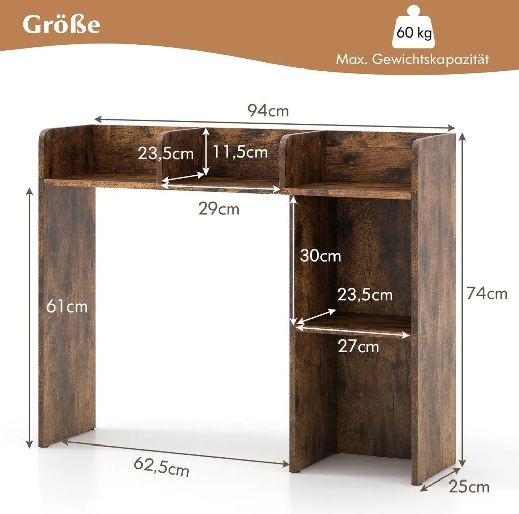 Étagère de bureau 4 niveaux marron rustique avec compartiment ouvert 74cm