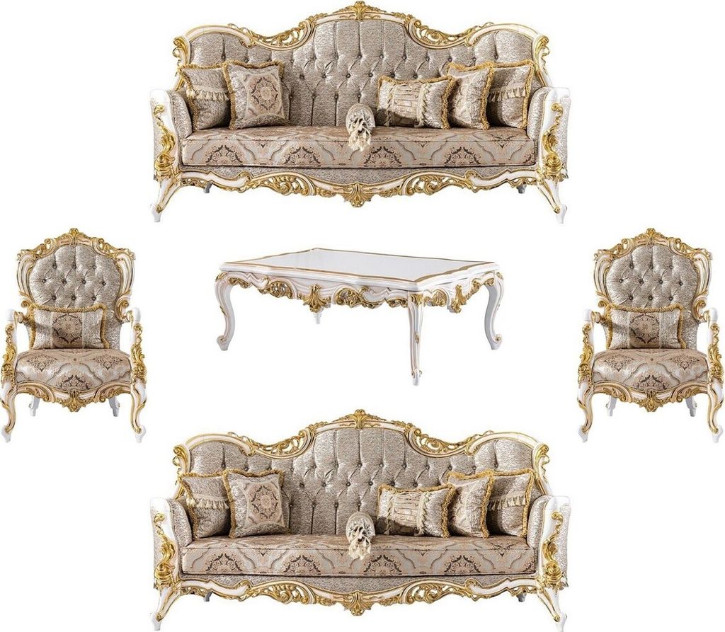 Casa Padrino Luxus Barock Wohnzimmer Set Silber / Beige / Schwarz / Weiß / Gold - 2 Barock Sofas & 2 Barock Sessel & 1 Barock Couchtisch - Luxus W...