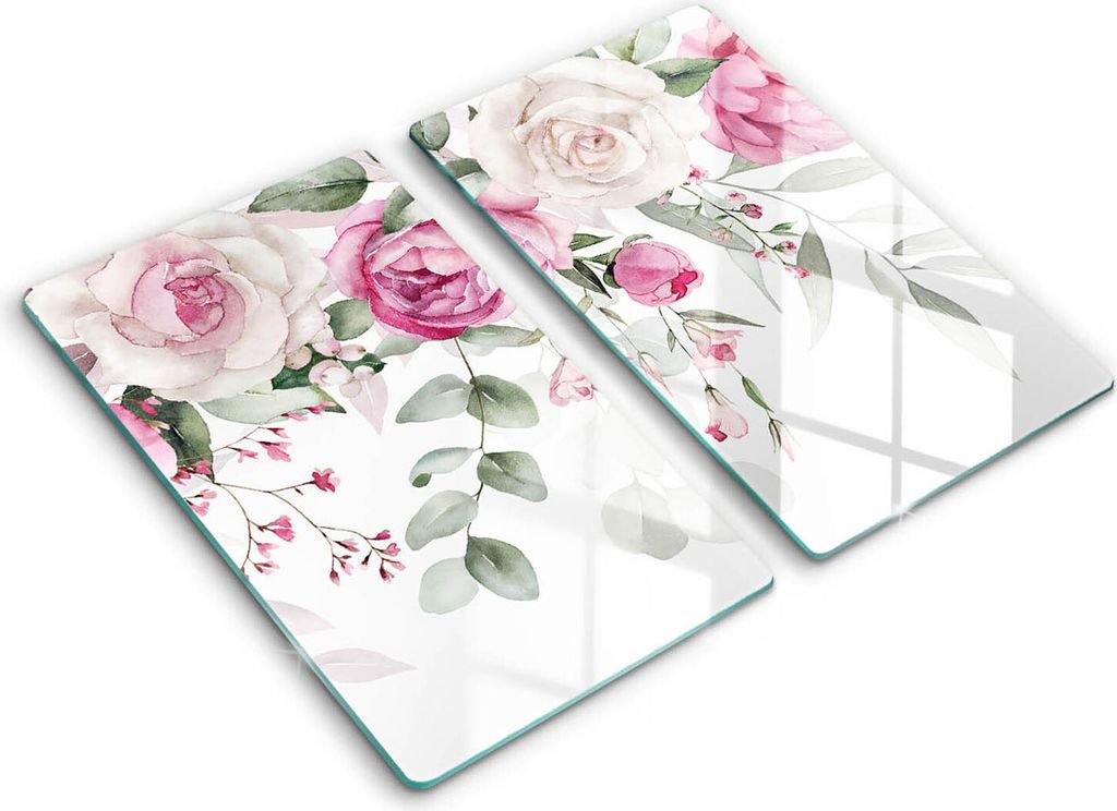 Glasschneideplatte - Herdabdeckplatte - 2x30x52 cm -Schneidebrett - Spritzschutz -Aquarellrosen