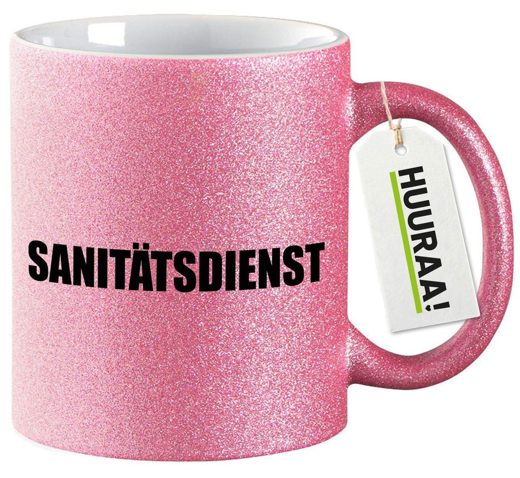 Huuraa Glitzertasse Sanitätsdienst Schriftzug 330ml Pink Keramik Kaffeebecher Geschenkidee