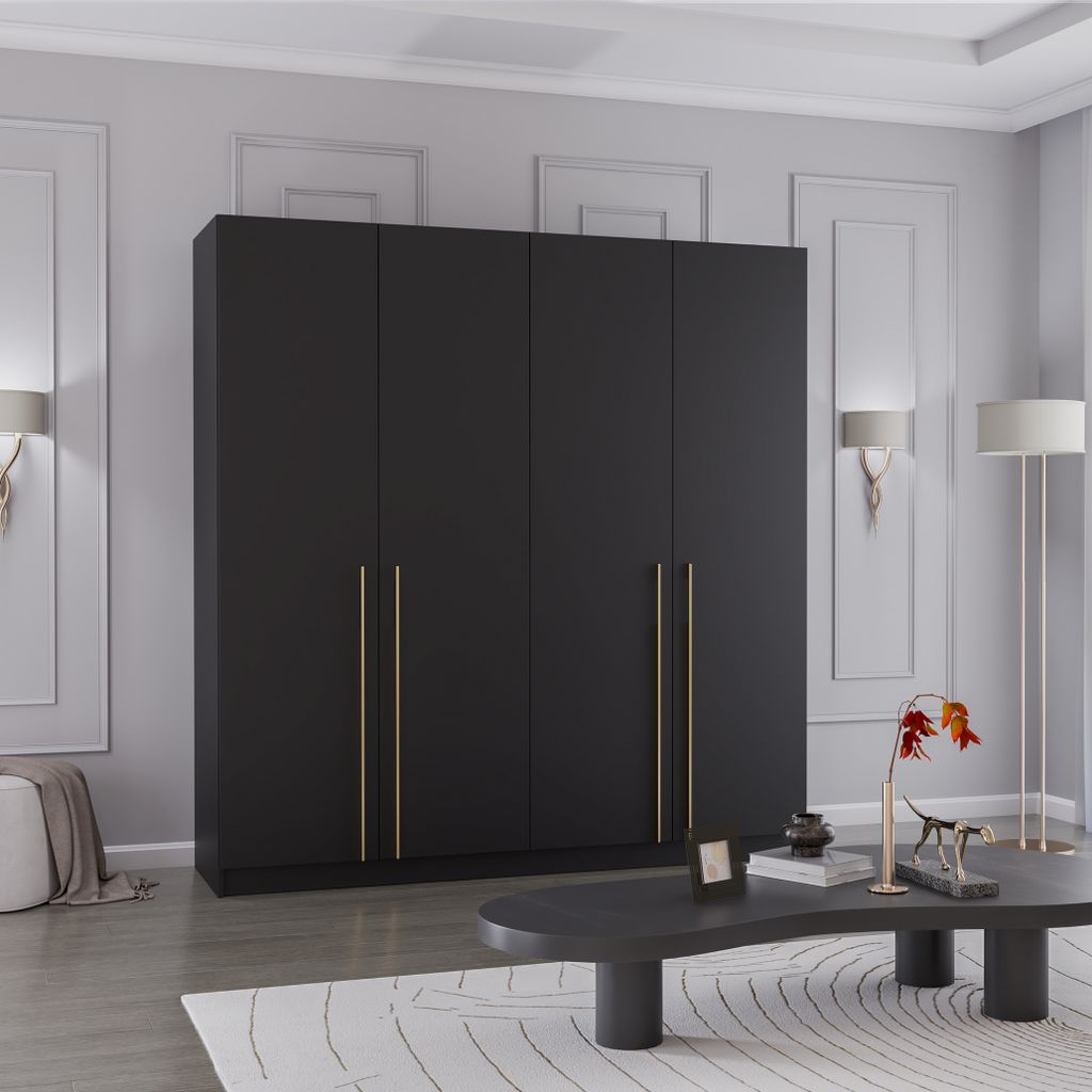 Drehtürenschrank Kleiderschrank Schrank 200 cm Schwarz/Schwarz viertürig Rosa 01