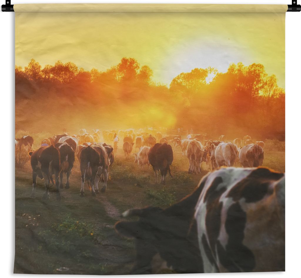 MuchoWow Wandteppich Wandbehang Kühe - Sonnenuntergang - Wiese - Tiere 120x120 cm Tapisserie Dekoration Wandtuch - Modern - Baumwollgewebe
