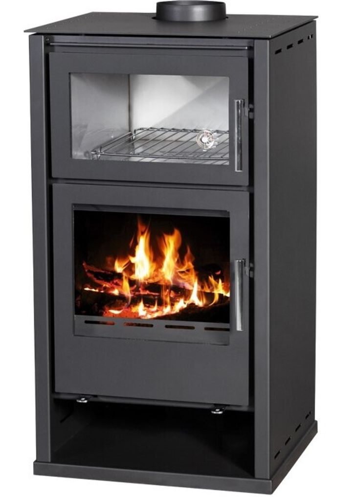 V05 Regina F Holzofen/Kaminofen/Feuerstätte mit 8.7 kW Leistung, Edelstahl-Backofen und externer Luftzufuhr
