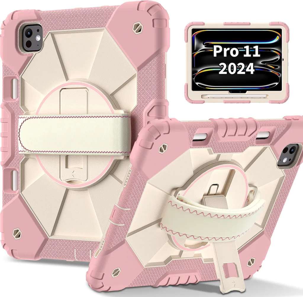 Coque iPad Pro 11 M4 2024 Rose Pivotante à 360 Degrés avec Sangle de Main