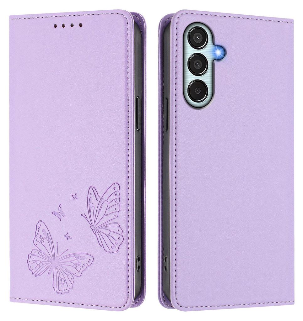Lederhülle für Samsung Galaxy M35 5G, Schmetterling Prägung Leder Brieftasche Schutzhülle mit Ständer Violett