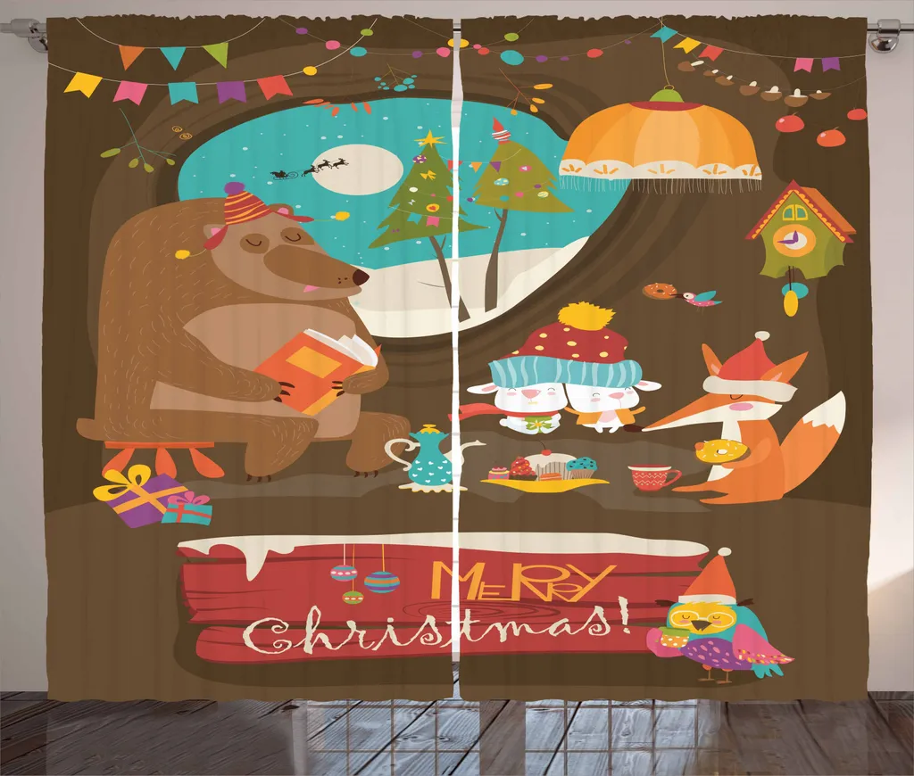 ABAKUHAUS Tenda rustica, Merry Xmas Tea Party Animals, Tenda universale per soggiorno con passanti e ganci, 280 x 245 cm, multicolore
