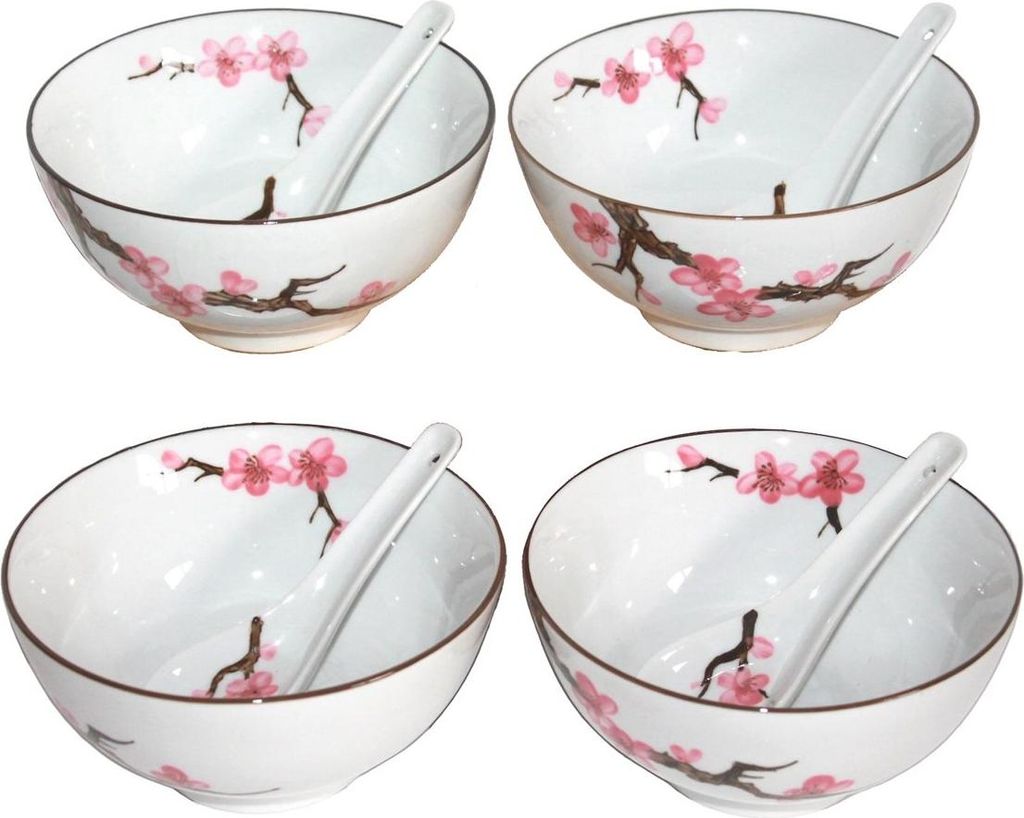 774 Matcha Reisschalen 4 er Set mit 4 Löffel (8 Teile) Sakura – Kirschblüte Jumbo ø 15 cm