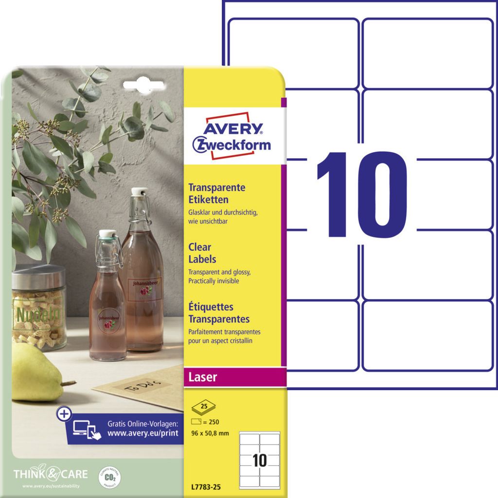 Avery Zweckform L7783-25 Transparente Etiketten, A4, 96 x 50,8 mm, 25 Bogen/250 Etiketten, transparent