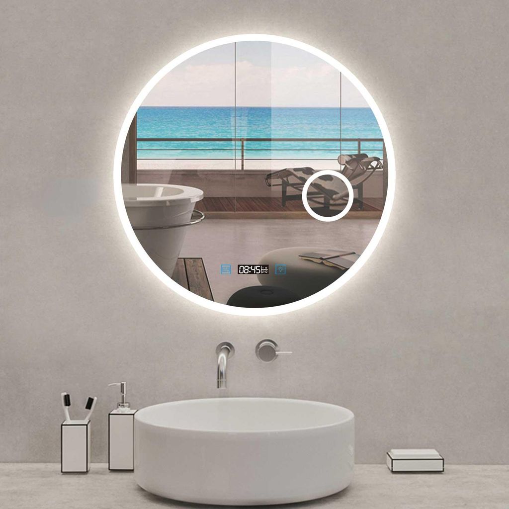 Miroir de salle de bain rond 60cm LED, horloge + loupe + Image du produit 