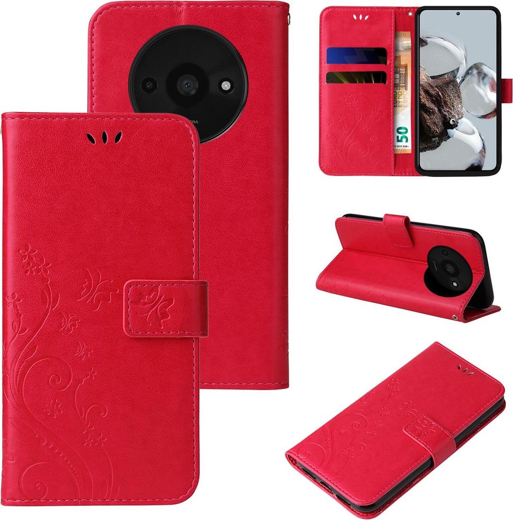 Collage of a red flip phone case with floral embossing, showing different angles and its interior card slots.