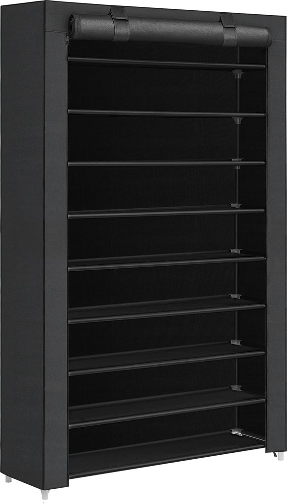 A tall, black, ten-tier shoe rack is shown in front of a white background.