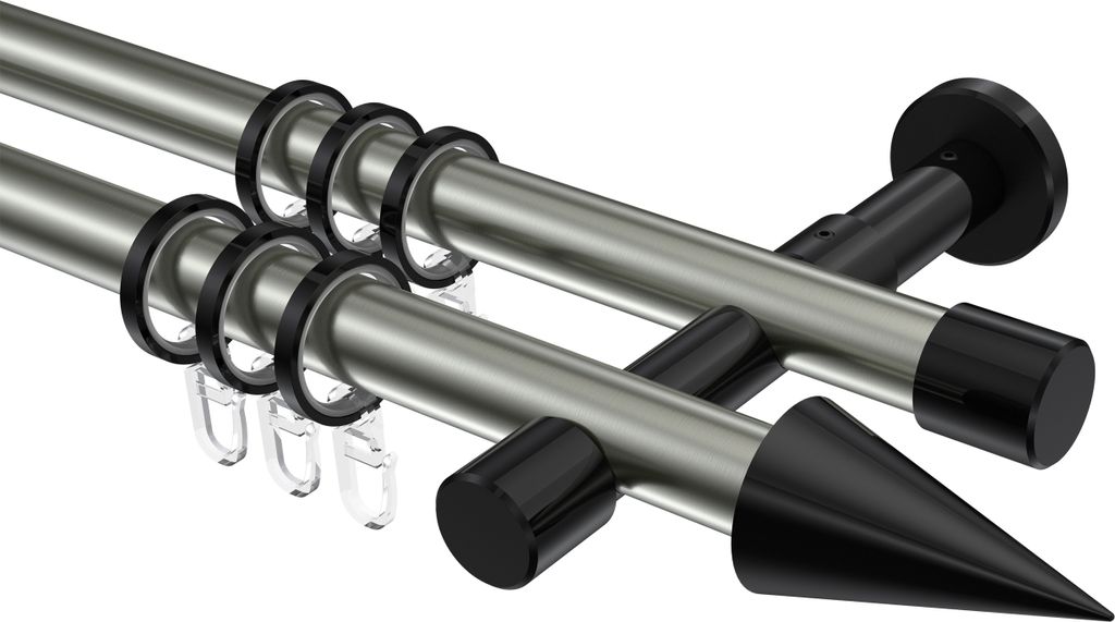 Interdeco Gardinenstange / Vorhangstange Edelstahl-Optik / Schwarz, Typ Prestige Savio (Kegel), 20 mm Ø 2-läufig, 480 cm