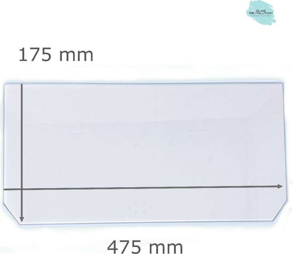 Kühlschrank Einlegeboden - Klarglas 4 mm - 2 abgeschrägte Ecken - 475 mm x 175 mm - (89,96 EUR / qm - Mindestbfl. 0,25 qm - Kantenb. 5,35 EUR / l...
