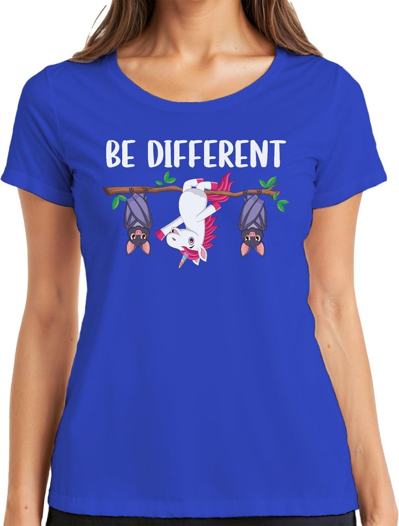 Einhorn Fledermaus Be Different Autismus Statement Spruch Lustig Damen T-Shirt, Blau, M