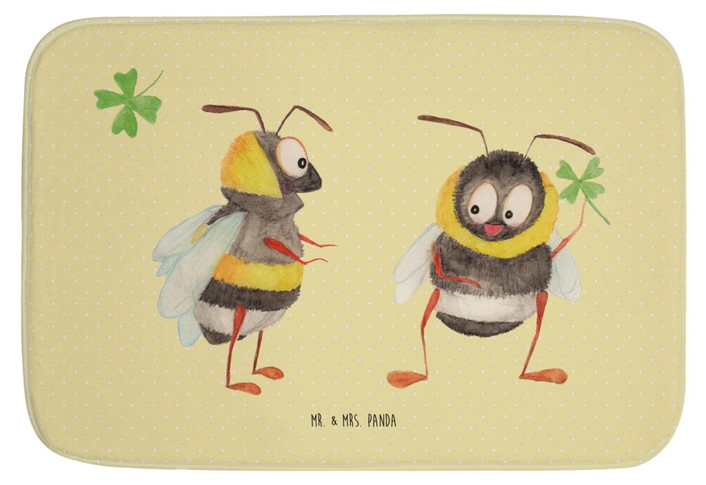 Mr. & Mrs. Panda Badvorleger Hummeln Kleeblatt - Gelb Pastell - Geschenk, Badteppich, Spruch Fröhlich, Biene, glücklich Werden, Badezimmerteppich...