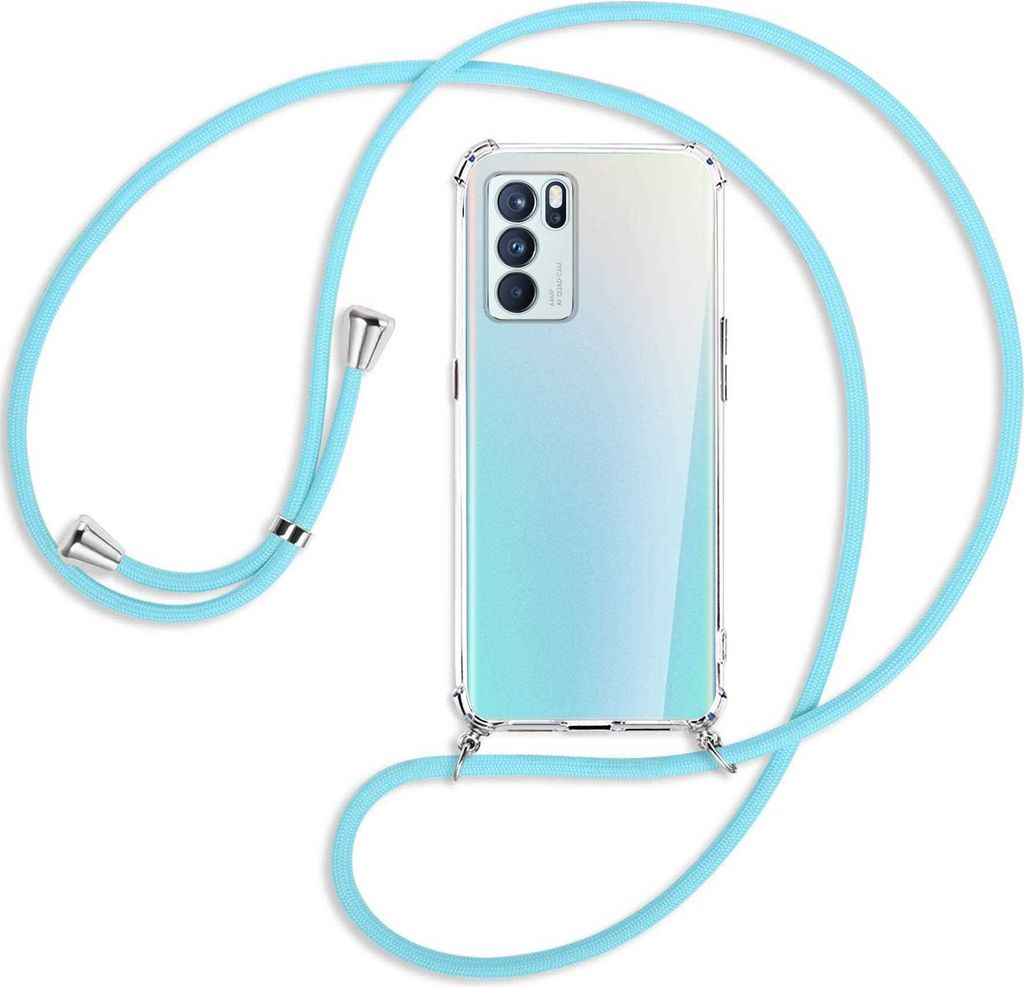 Handykette Backcover-Schutzhülle mit Band (Metall silberfarben) für Oppo Reno6 Pro Plus 5G (PENM00) - himmelblau