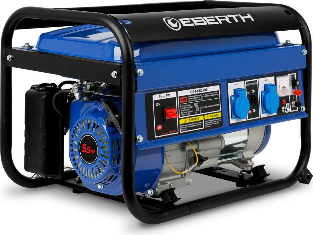 EBERTH 2200 Watt Notstromaggregat Stromerzeuger Stromaggregat mit 5,5 PS Benzinmotor, 4-Takt, luftgekühlt, 2x 230V, 1x 12V, Seilzugstart, AVR