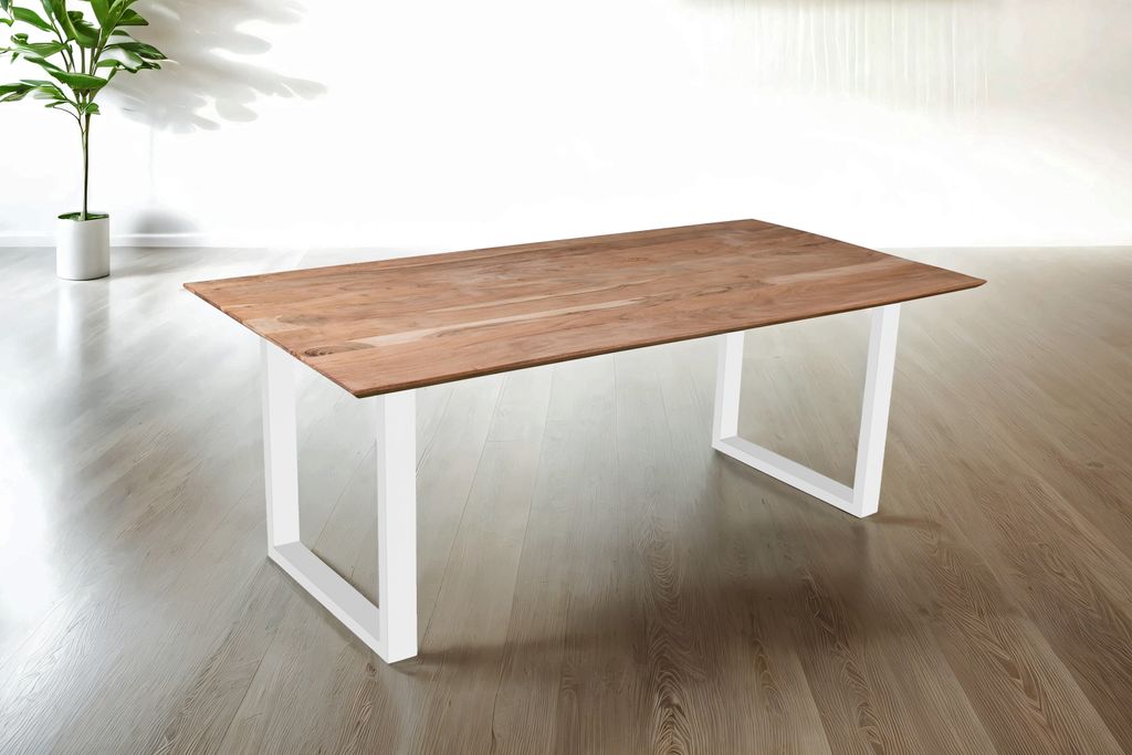 Refurbished Möbelretoure Esstisch 180x90 cm Akazie massiv eichenfarben schweizer Kante U-Gestell weiß DEAN