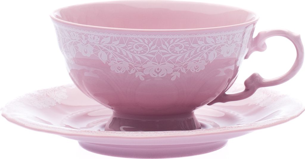 Šálek nízký s podšálkem, 0,2 l, růžový porcelán, Sonáta, bílá krajka, Leander