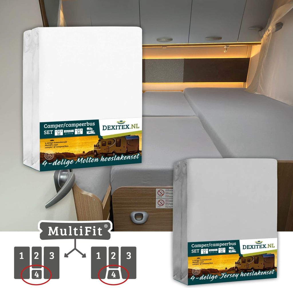 Dexitex Textilpaket Wohnmobil Heckbett mit Mittelmatratze 8er Set – 4 Spannbettlaken + 4 Molton – Hellgrau – Wohnwagen & Camper