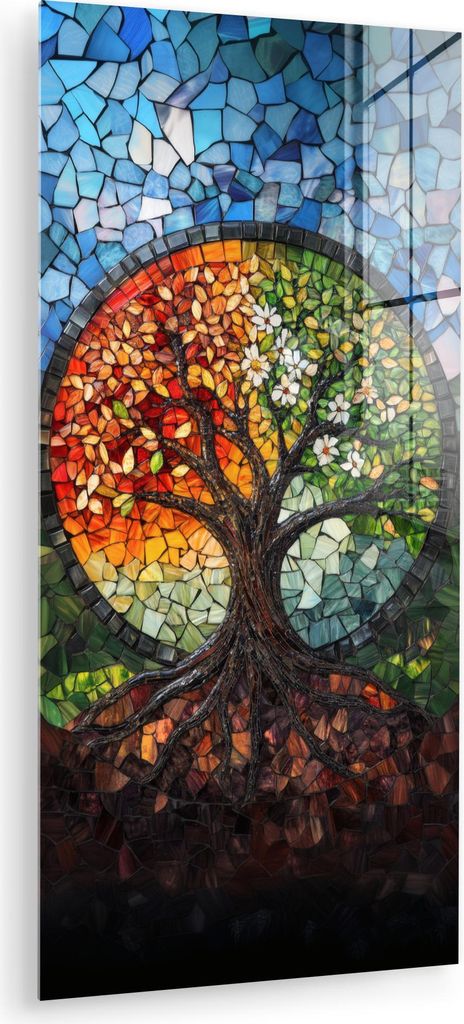 MuchoWow Glasbilder - Bilder auf Wandbild - Foto auf Glas Baum - Jahreszeiten - Mosaik - Berge 60x120 cm Wanddekoration aus Glas - Acrylglasbild - ...