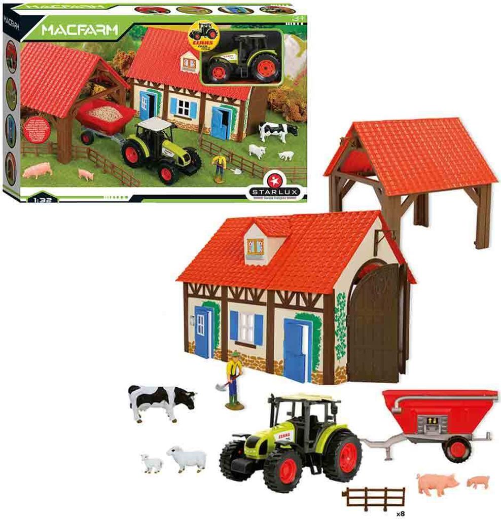 A toy farm set with a barn, tractor, trailer, and farm animals.