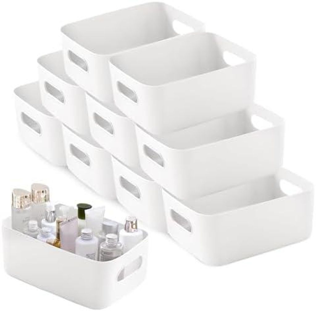 10 Stück Aufbewahrungsbox Kunststoff Große Weiß 30x20x12cm, Aufbewahrungsboxen mit Griff, Boxen Aufbewahrung Badezimmer Organizer Box Küche Pla...