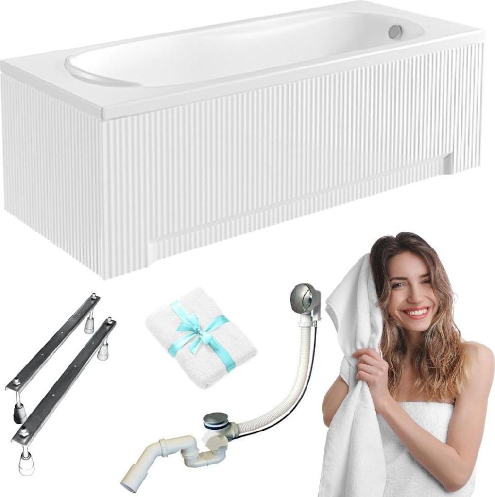 Aqua For You | Besco Bona Badewanne - 150x70cm - Antibakterielle Beschichtung - Inklusive Siphon - Einfach Zu Reinigen - mit geriffelter Verkleidung