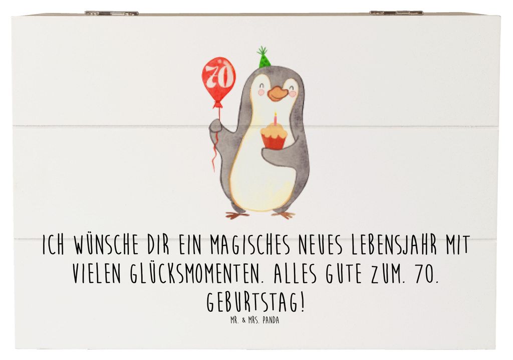 Mr. & Mrs. Panda Geschenkbox 70. Geburtstag Pinguin Luftballon 22 x 15 cm - Weiß - Geschenk, Kiste mit Deckel, Holzbox, Geburtstagsgeschenk, schmu...