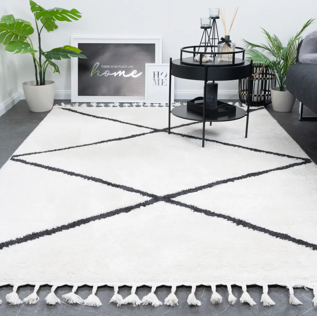 Tapis de Salon Berbère 120 x 170 cm Blanc Crème avec Franges Déco Boho