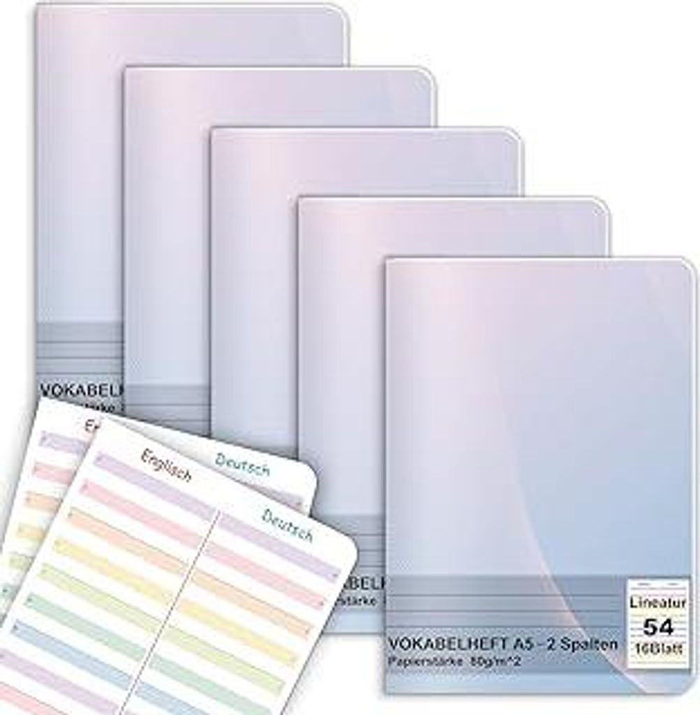 5 Stück Farbliche Englisch Vokabelheft A5 2 Spalten Liniert mit Teilungslinie Lineatur 54 16 Blatt Vokabel Notizbuch für Englisch Vokabeln Schulh...