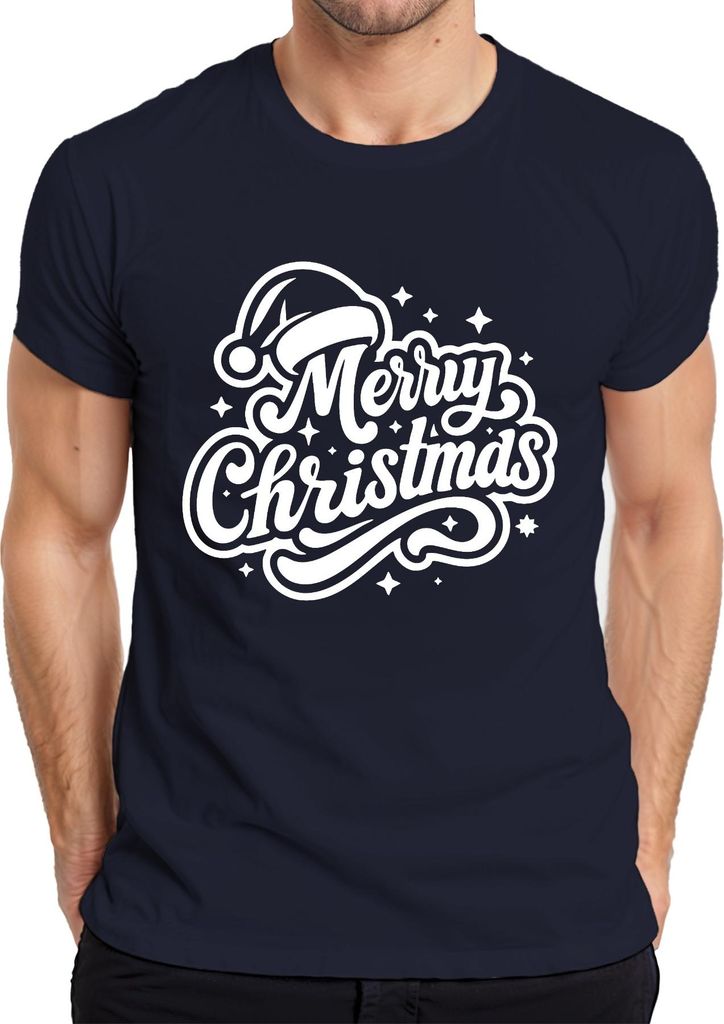 Merry Christmas Santa Hat Sterne Weihnachten Geschenk Vintage Herren T-Shirt, Navy, XL