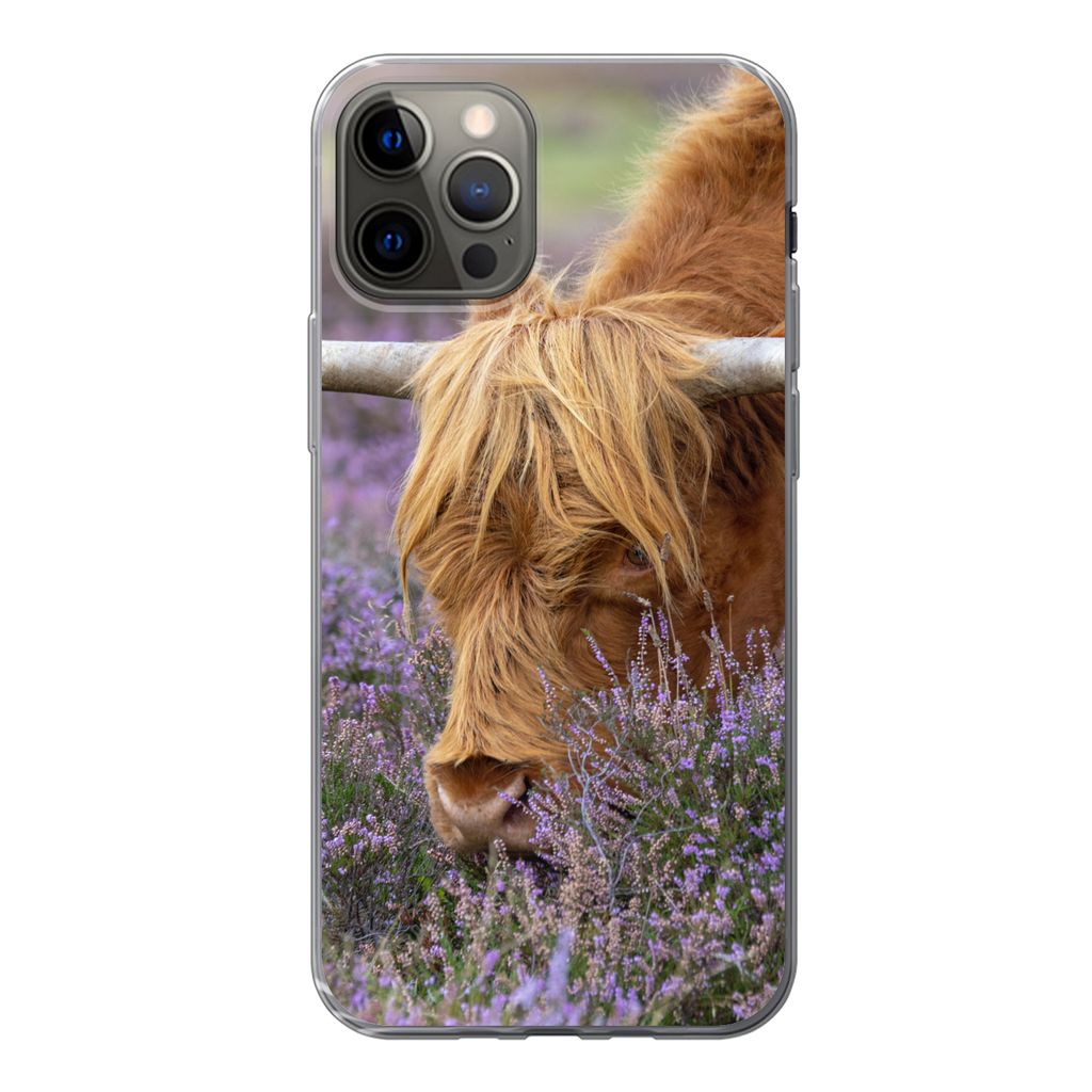 MuchoWow Handyhülle Schutzhülle Hülle für iPhone 12 Pro Schottischer Highlander - Tiere - Heide Silikon Softcase Handy Hülle - Abdeckung