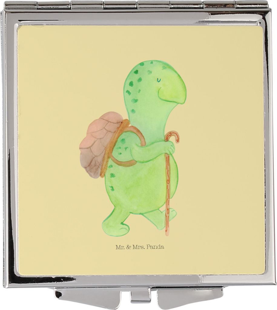 Mr. & Mrs. Panda Handspiegel Schildkröte Wanderer - Gelb Pastell - Geschenk, Schminkspiegel klein, Frauen Spiegel, Taschenspiegel, Wanderurlaub, M...