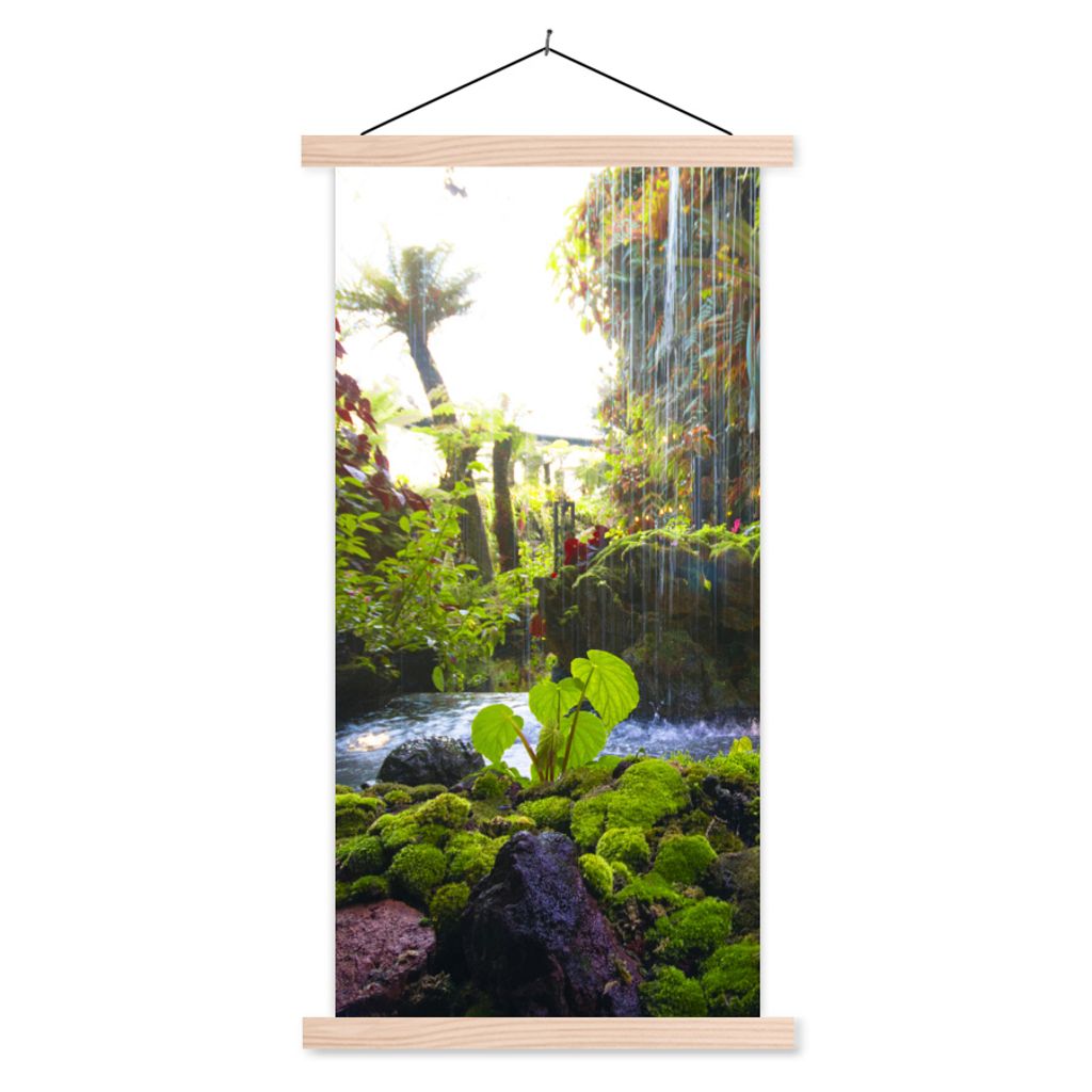 MuchoWow Textilposter Tropischer Wasserfall 40x80 cm mit holzfarbenen Rahmen - Wohnzimmer