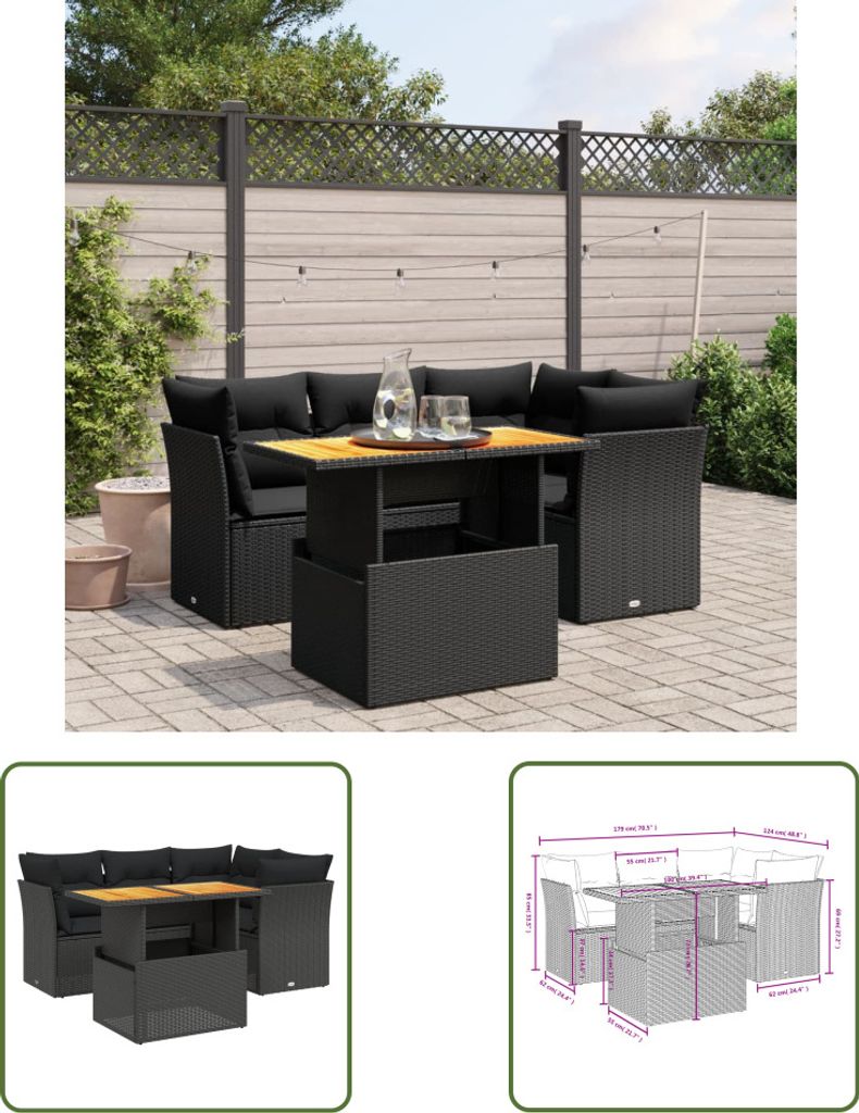 The Living Store 5-tlg. Garten-Sofagarnitur mit Kissen Schwarz Poly Rattan