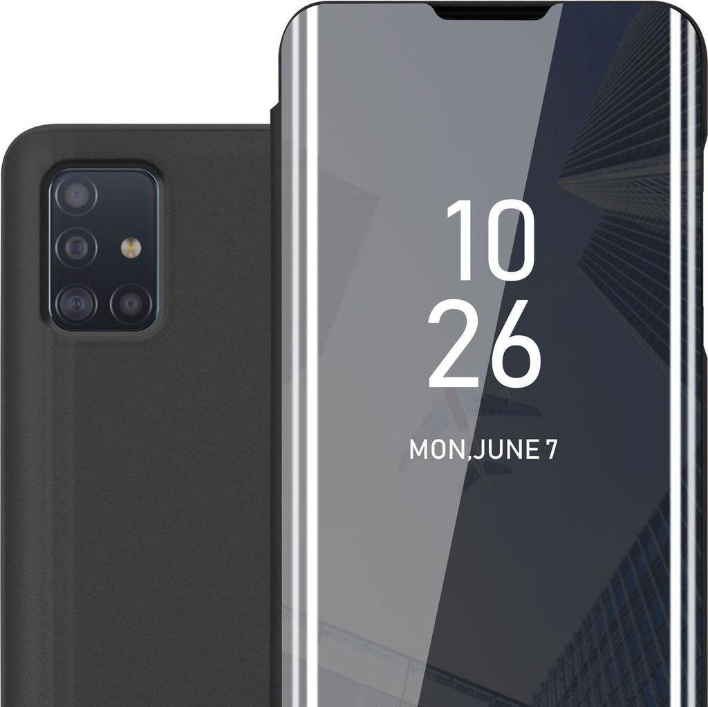 Cadorabo Hülle für Samsung Galaxy A51 5G in TURMALIN SCHWARZ Clear View Spiegel Schutzhülle mit Standfunktion 360 Grad Schutz Flip Case Cover Et...