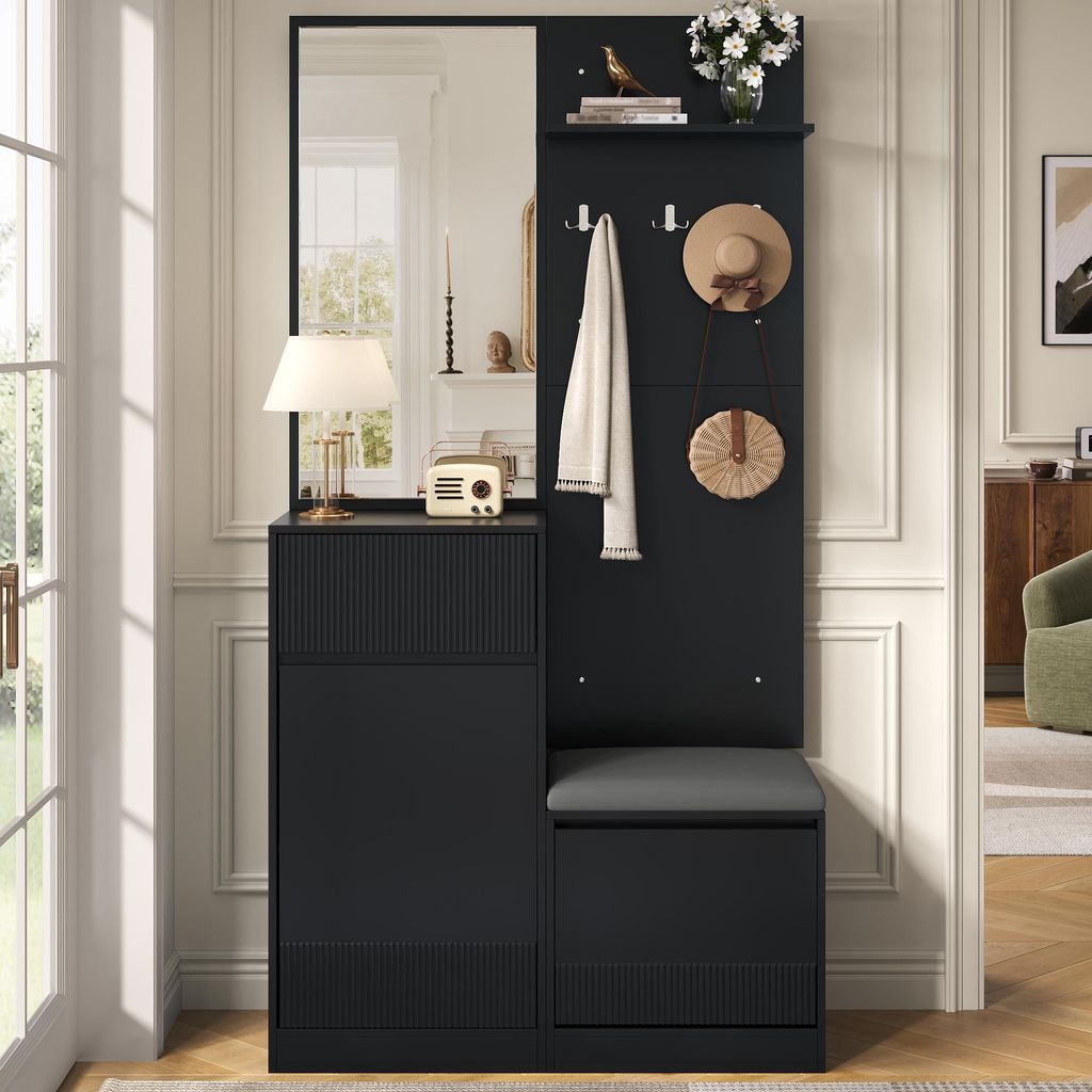 Merax Garderobe Set mit LED Beleuchtung, Flurgarderobe Set mit Schuhschrank, Garderobenschrank mit Schuhbank, Spiegel, Schuhkipper, Eingang, Schwarz