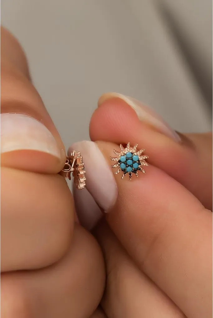 Boucles d'oreilles argent 925 motif soleil, turquoise et finition or rose