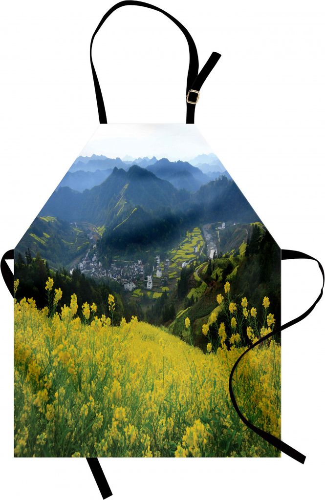 ABAKUHAUS Natur Kochschürze, Blumenwiese über dem Dorf Berge in Folge Gras Fresh Field Fotodruck, Farbfest Höhenverstellbar Waschbar Klarer Digi...