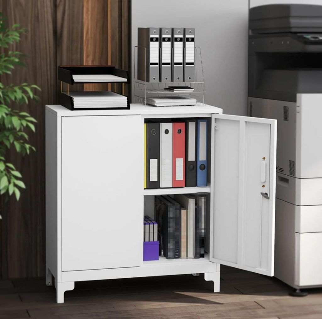 Büroschrank aus Metall, Aktenschrank verschließbare Türen, Bürokommode, 2-stufiges Design, Weiß