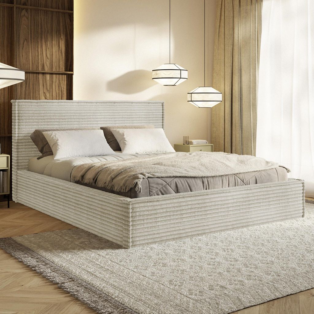 MOTIVENA Boho Polsterbett 160x200 mit Bettkasten, Holz Latttenrost, Bett 160x200 Beige Cord (Tilia 03)