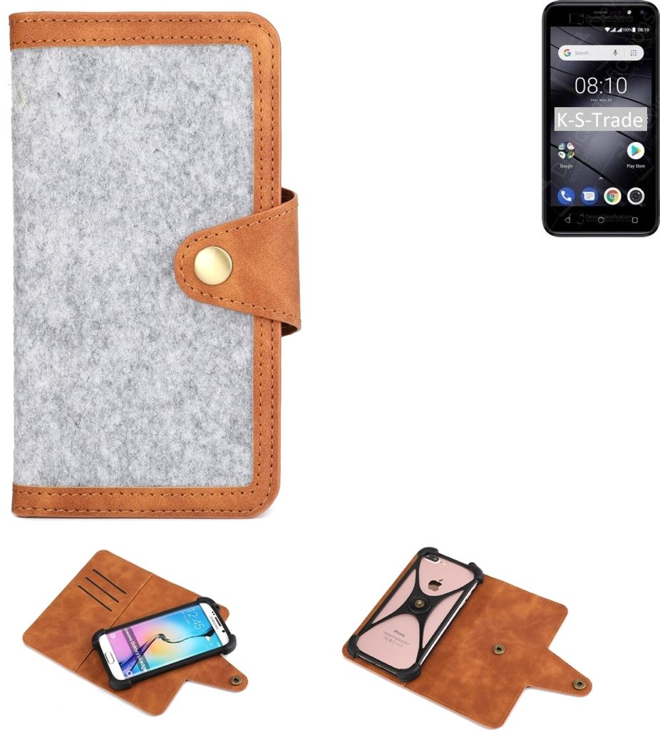 K-S-Trade Handyhülle kompatibel mit Gigaset GS80 Schutzhülle Filz-Hülle Kunst-Leder hellgrau braun (1x)