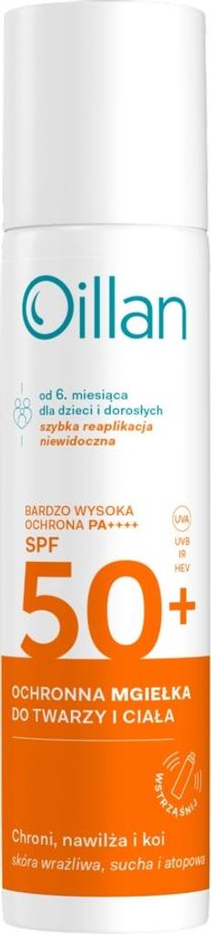 Oillan Ochronna mgiełka przeciwsłoneczna z filtrem SPF50 do skóry wrażliwej, 75 ml