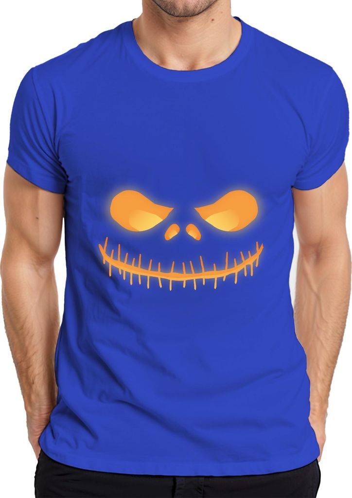 Halloween Grinsender Totenkopf Leuchtend Neon Gelb Horror Glühend Herren T-Shirt, Blau, 3XL