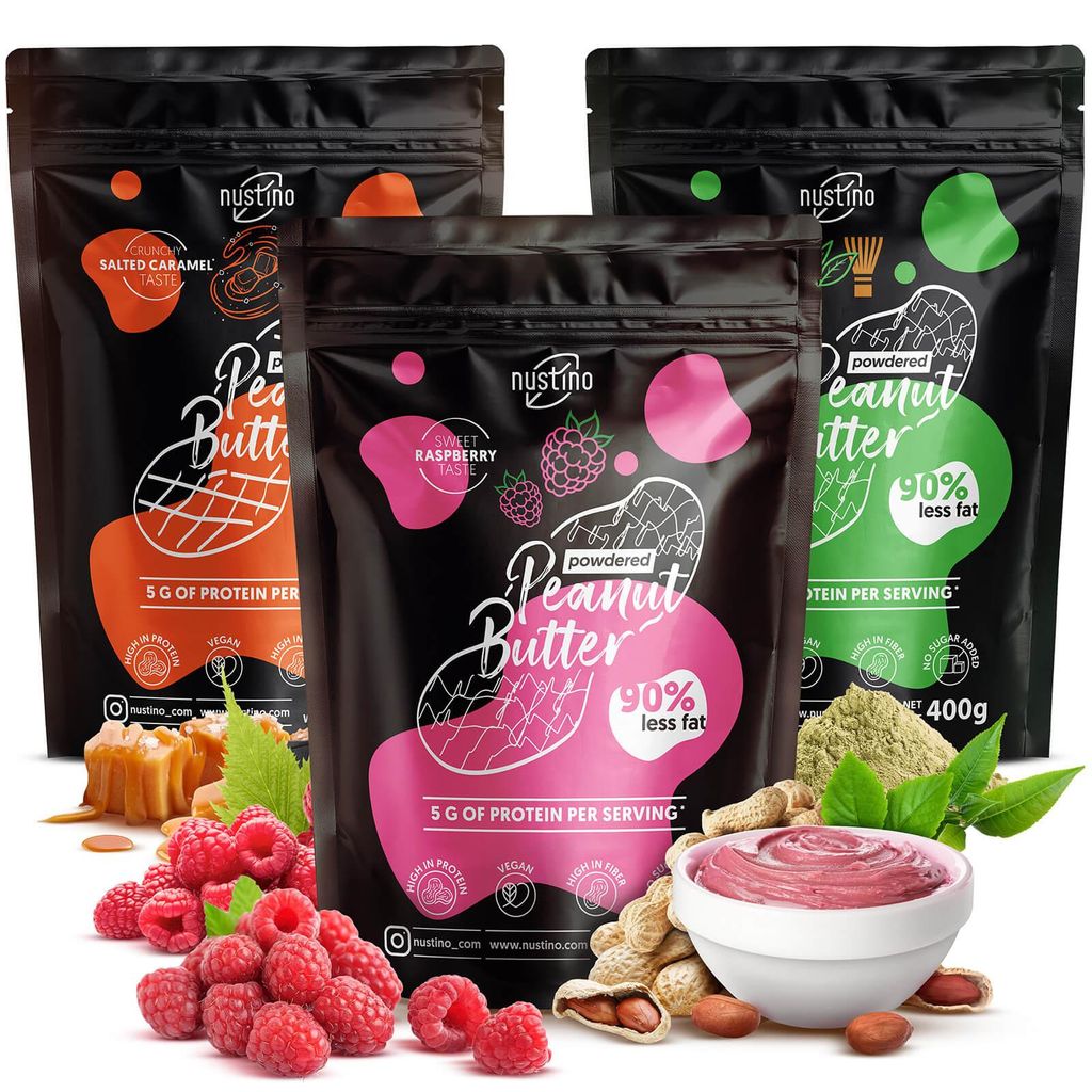 Nustino - Erdnussbutter Pulver Set Himbeere, Gesalzenes Karamell & Matcha 3x400g - 90% Weniger Fett - Reich an Protein - Ohne Zucker - Ohne Palmöl