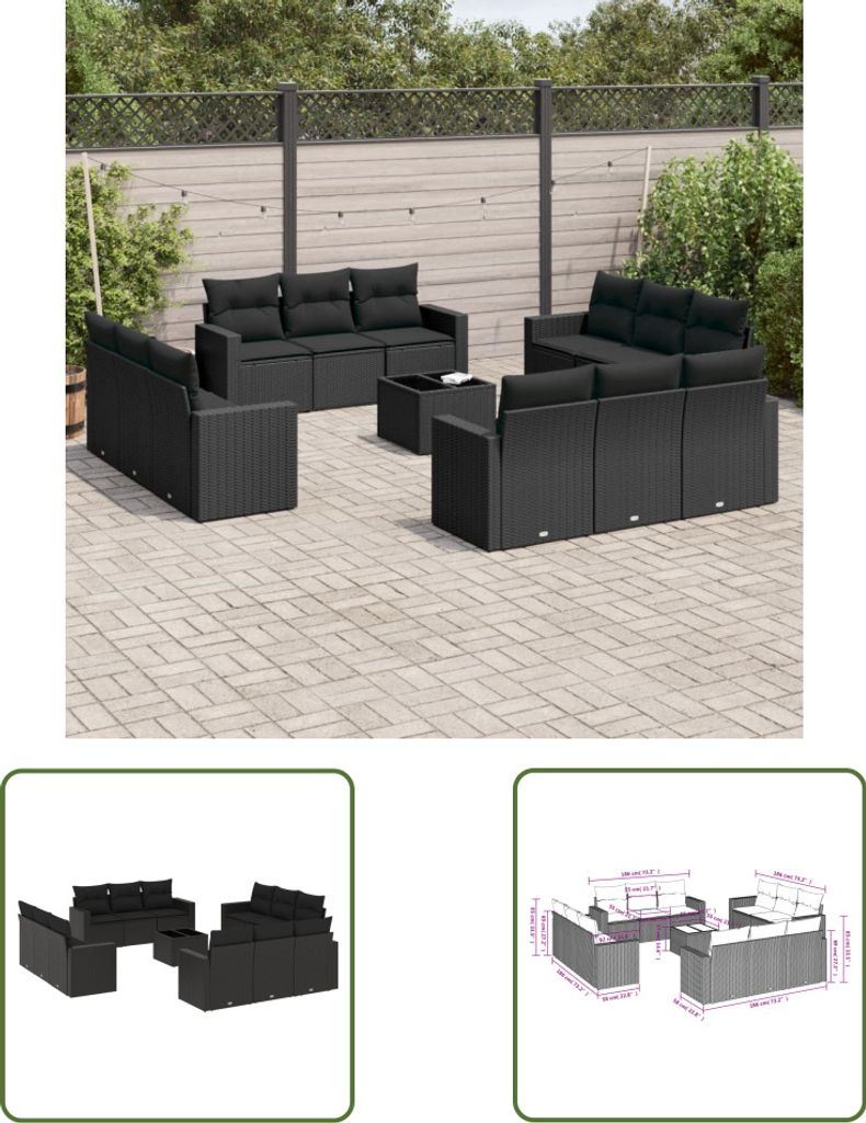 The Living Store 13-tlg. Garten-Sofagarnitur mit Kissen Schwarz Poly Rattan