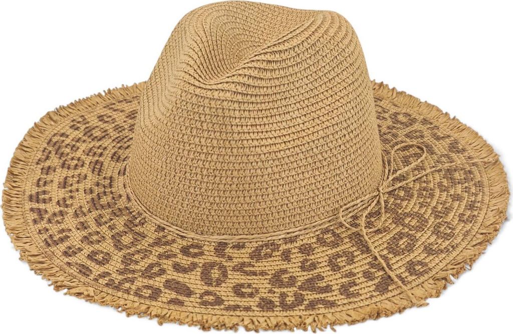 styleBREAKER Damen Sonnenhut aus Papierstroh mit Leopardenmuster an der Krempe | Sommerhut mit Fransenrand | Einheitsgröße verstellbar
